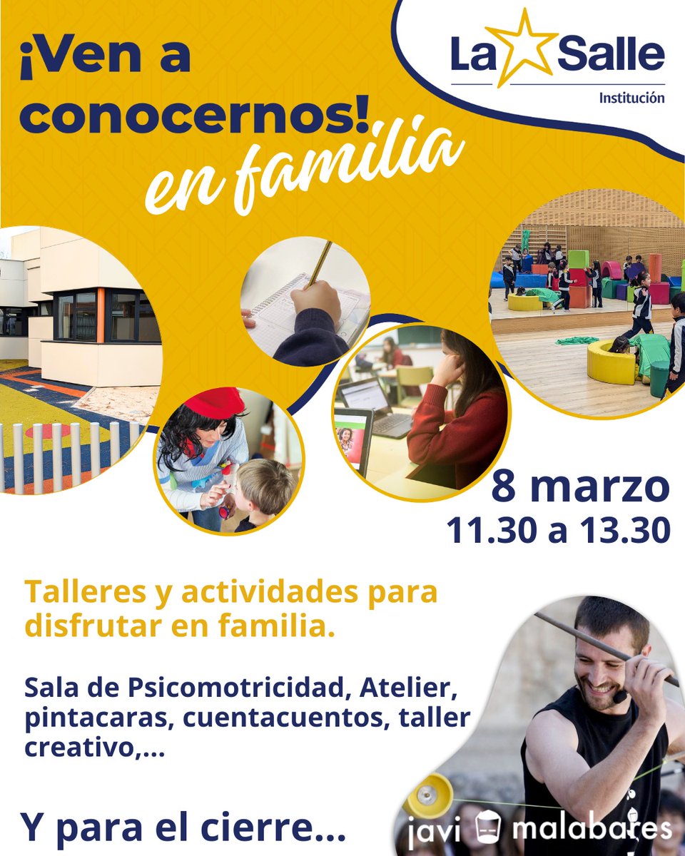 IlsaAmpa's tweet photo. El sábado 8 de marzo,  @LaSalleInstituc abre la etapa de infantil al barrio para que los conozcan. Estáis invitados a que vayáis a disfrutar con vuestros peques de esta jornada. 
Actividades para peques en etapa de infantil
@IlsaAmpa #talleres @javimalabares https://t.co/QZRE4937Hc