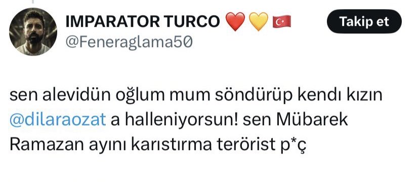 Bu ve benzeri saldırı tehdit hakaret hergün yüzlerce veledi zina tarafından yapılıyor. Alevilere hakaret etmenin suç olmadığına dair bir yasamı varki, bu o.e.larına bir işlem yapılmıyor?
Bizim, bir olalım iri olalım diri olalım dememizi, onursuzca yaşamaya razıyız diyemi anlıyor