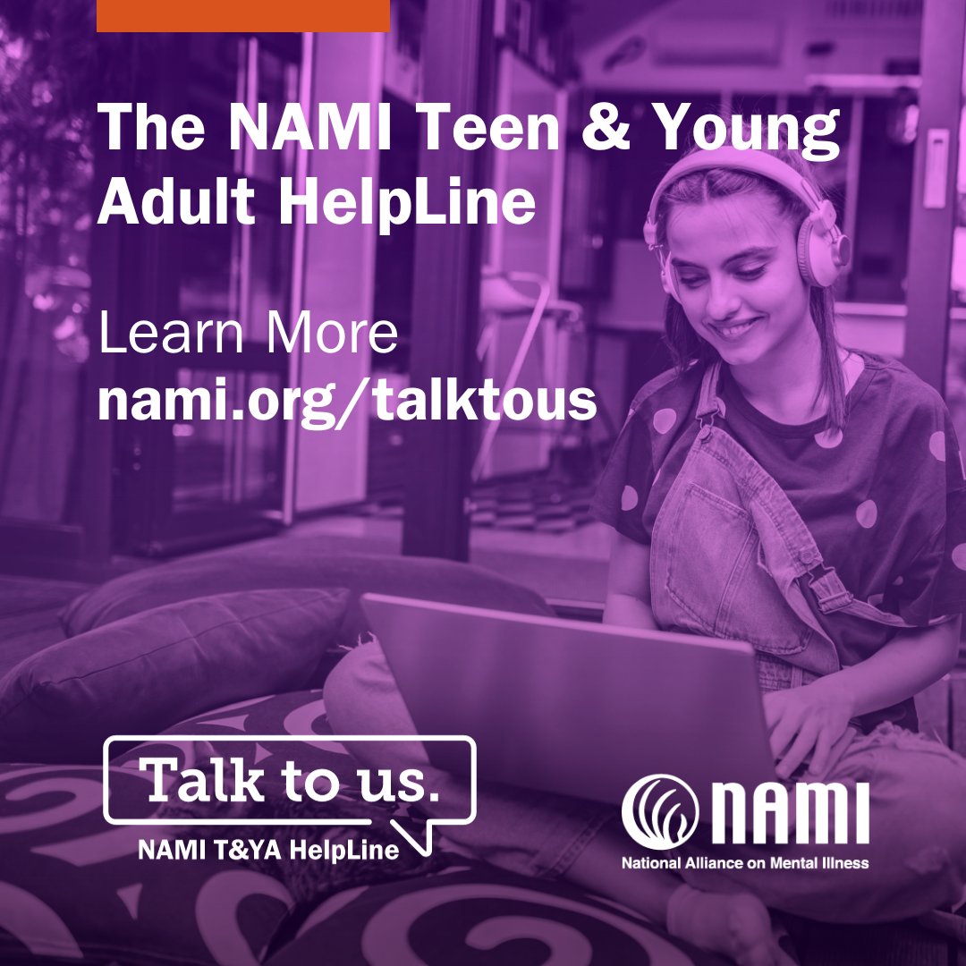 NAMIBoulderCo's tweet photo. The NAMI Teen and Young Adult HelpLine is a free, nationwide peer-support service providing information, resource referrals, and support to those who have symptoms of a mental health condition. Call 1-800-950-6264 or text friend to 62640. https://t.co/clM5LF2qX2