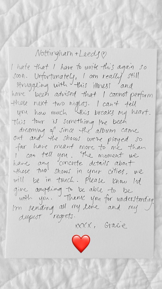 concertleaks's tweet photo. Gracie Abrams will be rescheduling her Nottingham and Leeds shows due to illness. https://t.co/bSbPjC42gc