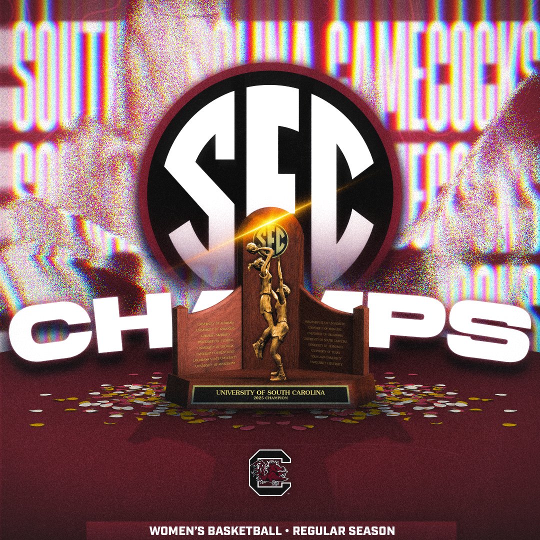 SEC's tweet photo. 2025 SEC REGULAR SEASON CHAMPS

🏆 @GamecockWBB 

#SECWBB
