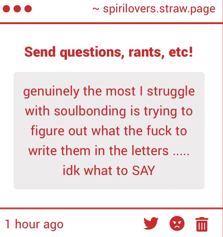 SpiriLovers's tweet image. #spiriluvgimmicks

Hi! Okay, as someone who’s been writing like this for a minute now, they don’t have to be overly sappy or anything. You can even tell them about your day, how you miss them, etc, it just needs to be genuine and come from the heart! -🧁