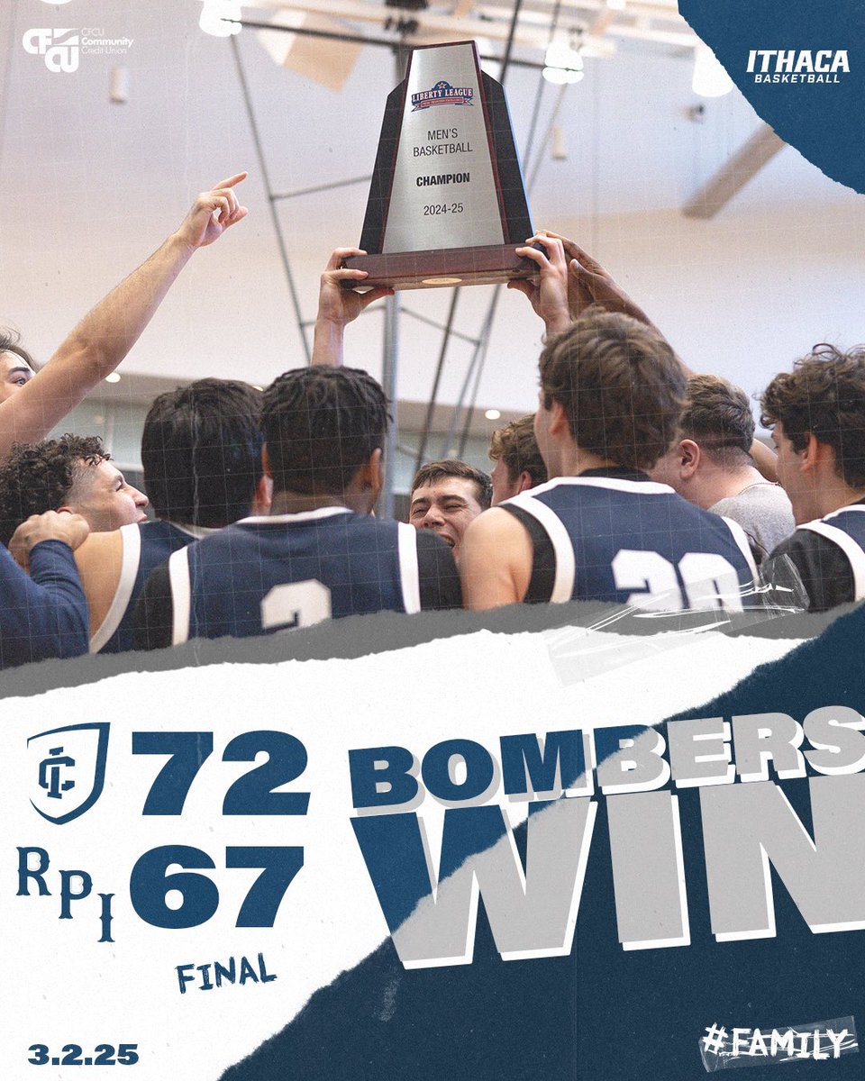 RAISE IT HIGH! YOUR ITHACA COLLEGE BOMBERS ARE THE 2024-2025 LIBERTY LEAGUE CHAMPIONS 

#GoBombers | #Family