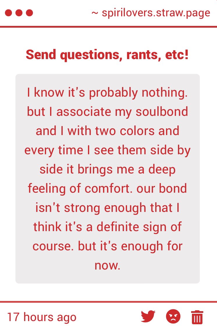 SpiriLovers's tweet image. #spiriluvgimmicks

Hi! As you said, it could be nothing (or it could be more depending on your soulbond!) but this sounds so cute and sweet, I’m glad it’s able to give you comfort regardless! -🧁