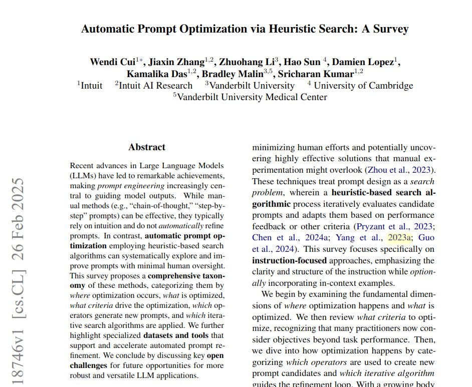 rohanpaul_ai's tweet image. Manual prompt refinement for LLMs is inefficient.
This paper introduces automatic prompt optimization using heuristic-based search algorithms.
📌 It structures diverse methods using key dimensions for better understanding.
📌 Heuristic search offers practical prompt…