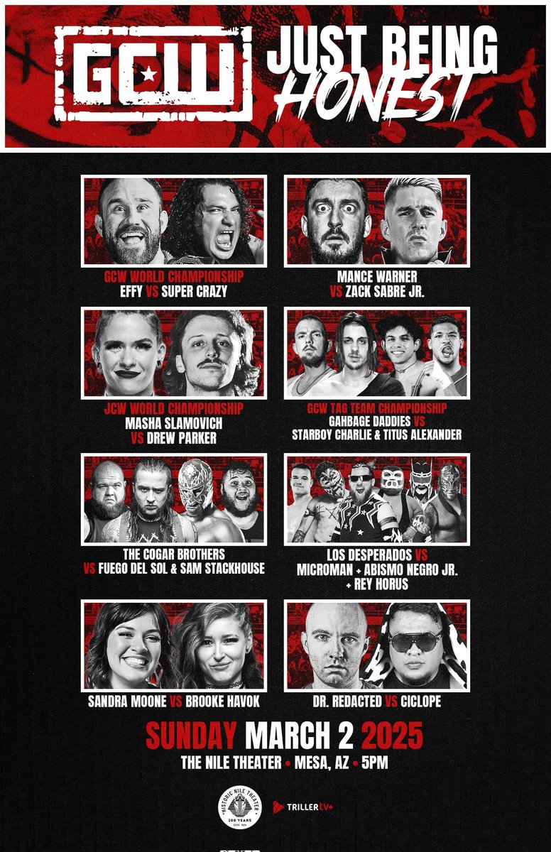 GCWrestling_'s tweet image. *TONITE 5PM MT/7PM ET*

GCW goes LIVE from PHOENIX for #GCWHONEST!

Effy v Super Crazy
Mance v Zack Sabre Jr
Masha v Rob Sh*t
Daddies v Crush Boys
Desperados v Micro/Abismo/Rey
Havok v Moone
Redacted v Ciclope
Cogars v 🔥Stack
+more

Watch LIVE on @Triller_TV+

Tix avail at door