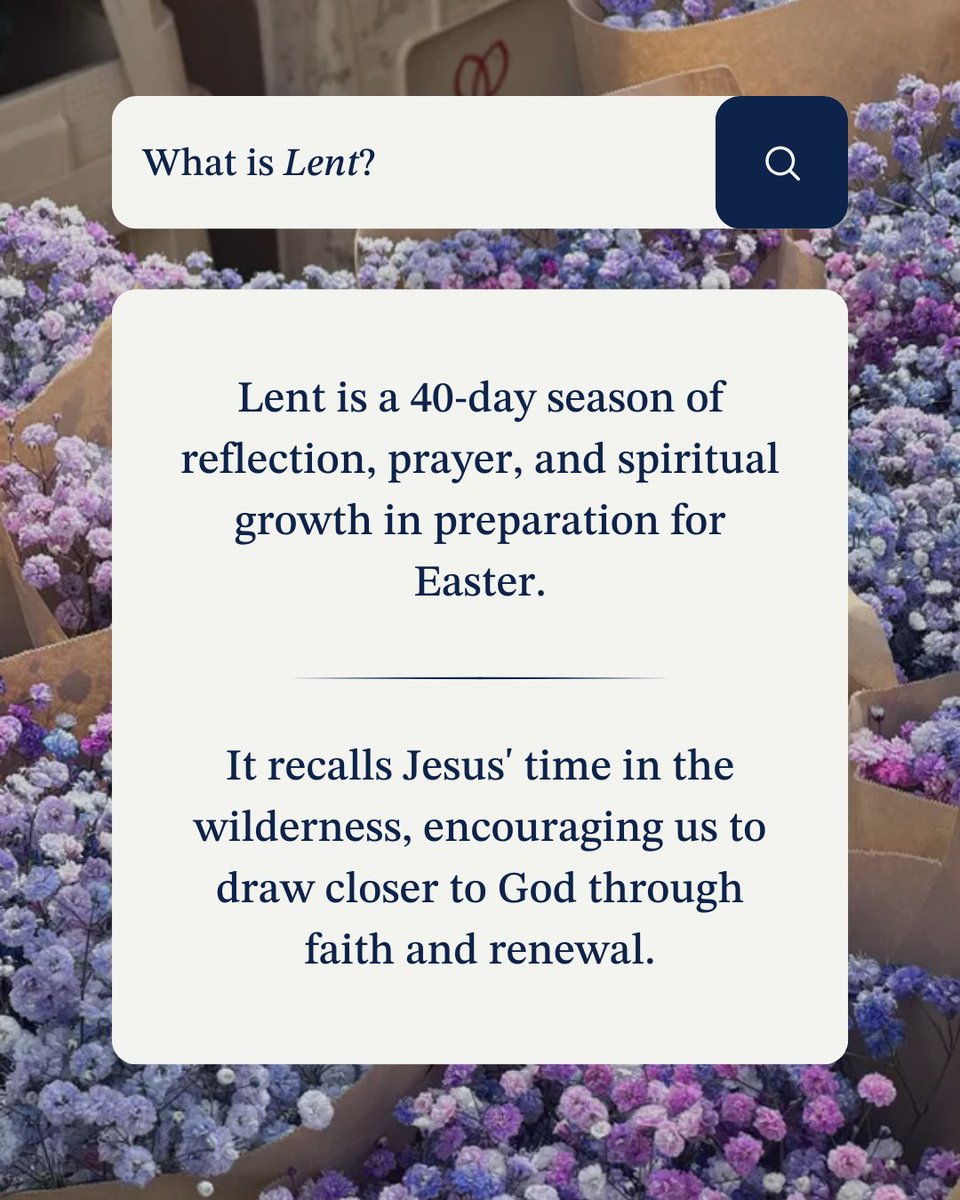 Guideposts's tweet image. ✨ What is Lent? ✨

Lent is a 40-day season of reflection, prayer, and spiritual renewal leading up to Easter. It’s a time to grow closer to God, inspired by Jesus’ time in the wilderness. How are you preparing your heart this season?

#WhatIsLent #LentJourney #FaithReflection