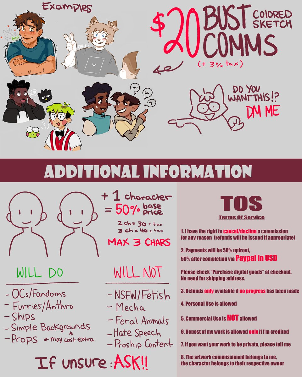 COMMS FINALLY OPEN!!!!

I will only accept P*yPal in USD and only 5 slots are available (for now)