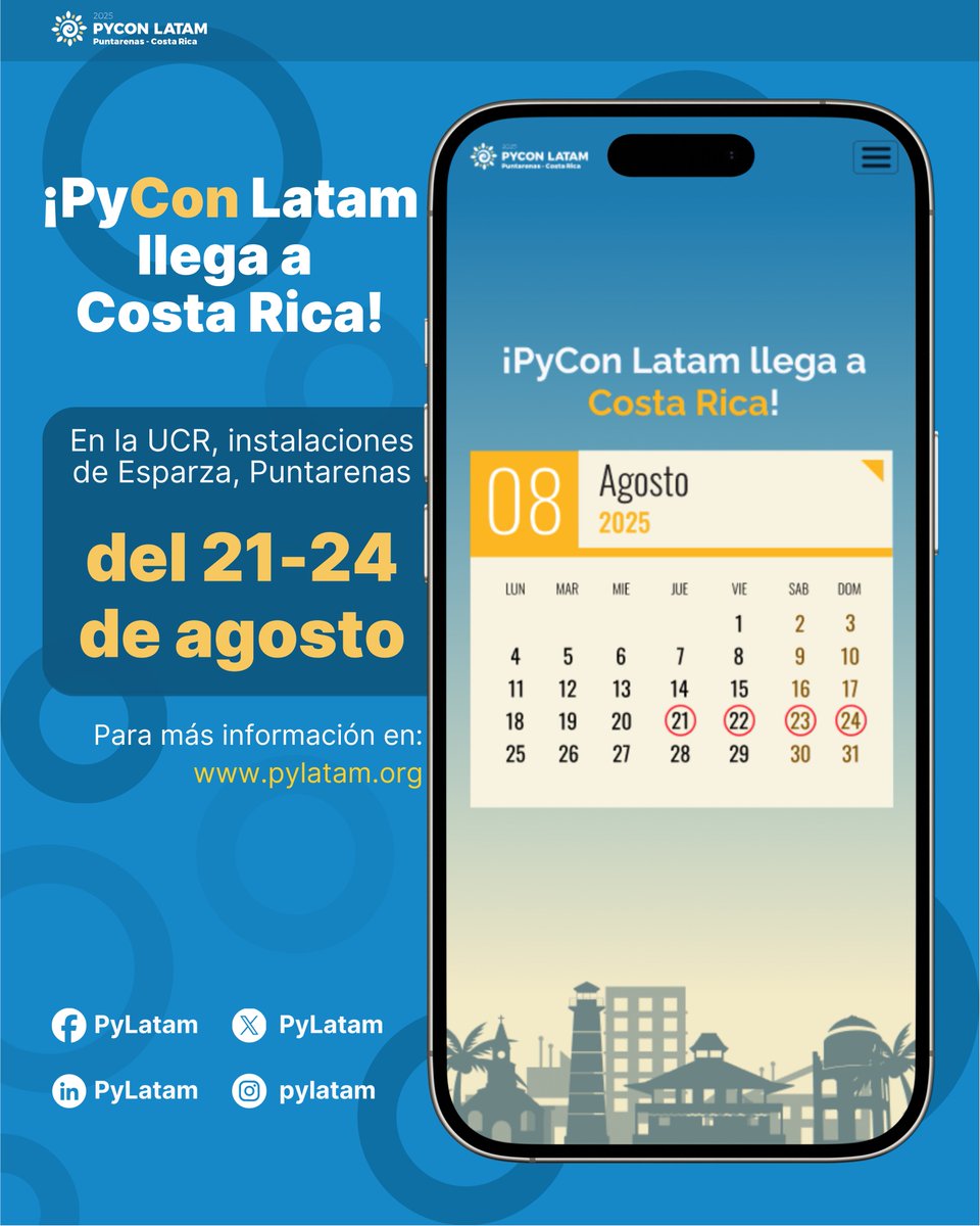 PyLatam's tweet image. ¡¡PyCon Latam 2025 esta aquí!! 🇨🇷🐍🎉
Este año #PyConLatam2025 se llevará a cabo en Costa Rica, los invitamos a ingresar a la página para saber más detalles del evento.
🌐pylatam.org
#PyCon #PyLatam #CostaRica