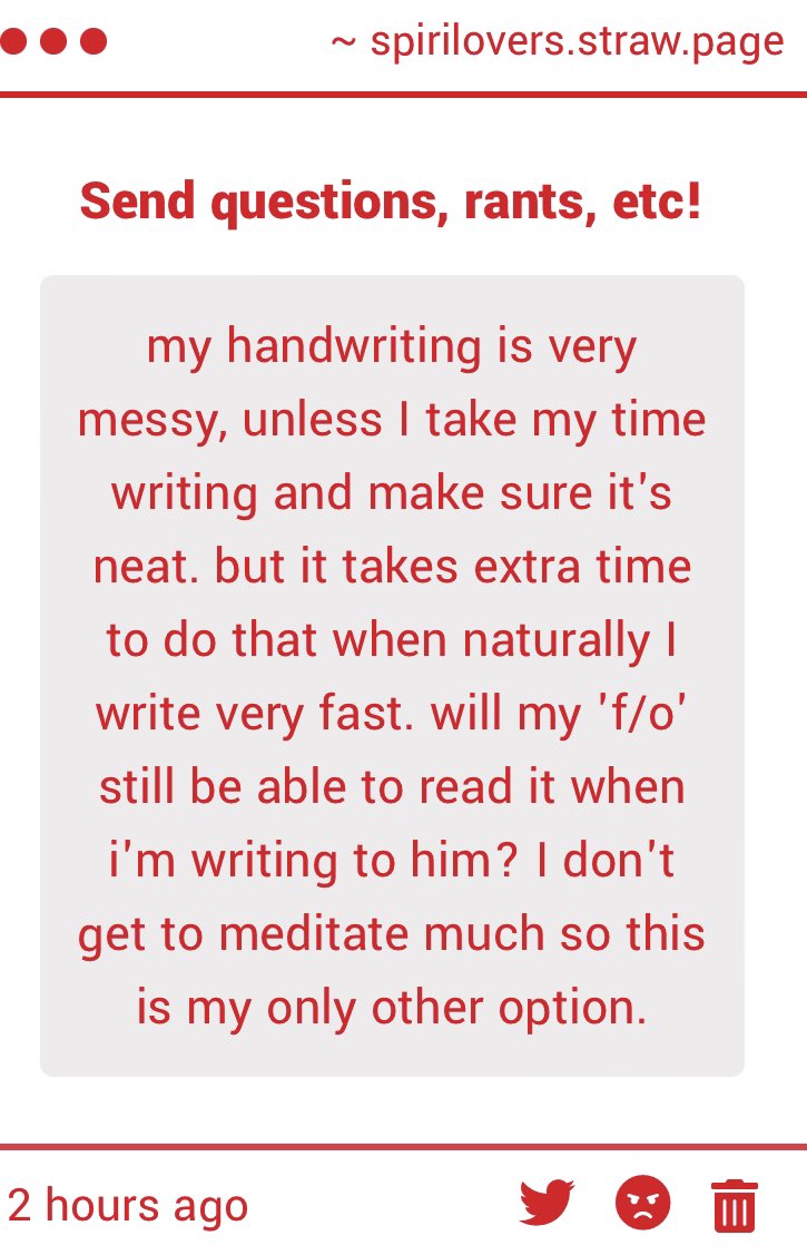 SpiriLovers's tweet image. #spiriluvgimmicks

Hi! I’d say try your best to make your handwriting legible, your soulbond is another real person out there so they may struggle reading/interpreting it if it’s too messy but that’s just my two cents. Others may think the intention alone is enough. -🧁