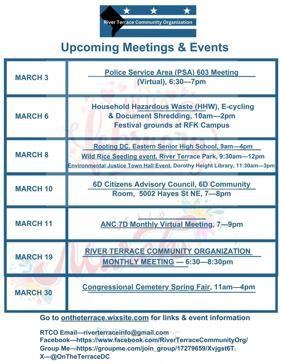 March events in and around River Terrace