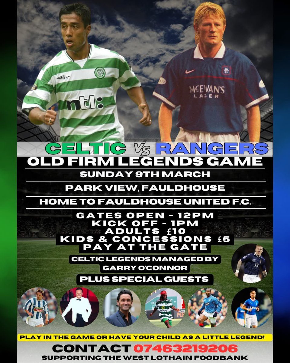Absolute pleasure to be ask to do this one ⚽️🟥🟨

🟢⚽🔵 𝐎𝐋𝐃 𝐅𝐈𝐑𝐌 𝐋𝐄𝐆𝐄𝐍𝐃𝐒 𝐆𝐀𝐌𝐄 

Bobby Petta's Celtic legends &amp; "Braveheart" Colin Hendry's Rangers legends

Contact 07463219206 for little legend packages &amp; game places

Supporting West Lothain Foodbank