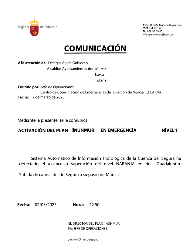 La <a href="/dgsce_RM/">Seguridad Ciudadana y Emergencias Región de Murcia</a> activa el #PlanInunmur en fase de emergencia nivel 1