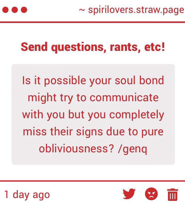 SpiriLovers's tweet image. #spiriluvgimmicks

Hi! Definitely, I was totally oblivious when my first soulbond tried communicating with me and I think I missed every possible sign until he communicated directly LOL. It’s to be expected, you’re communicating with someone from another universe! -🧁