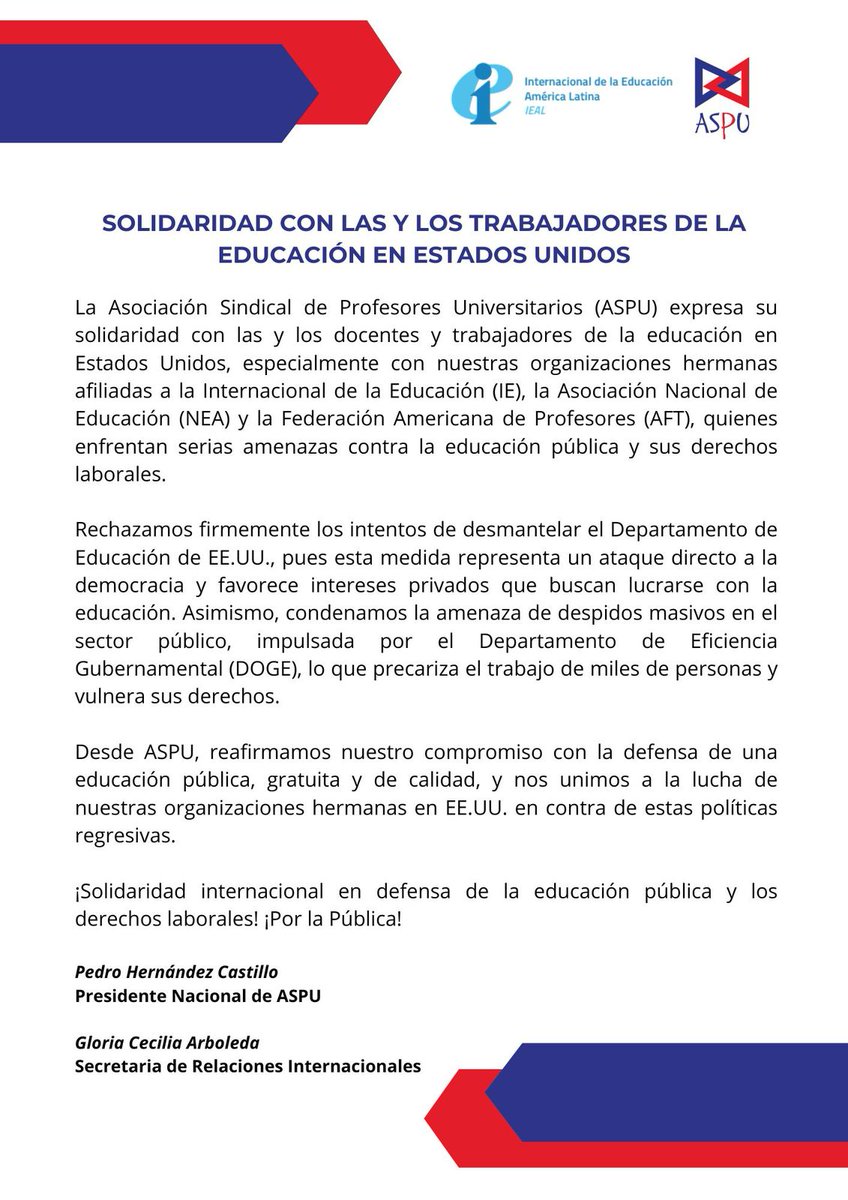 Desde ASPU expresamos nuestra solidaridad con las y los docentes y trabajadores de la educación en EEUU 🔵🔴

<a href="/eduint/">Education International</a> <a href="/intEducacion/">IEAL</a>