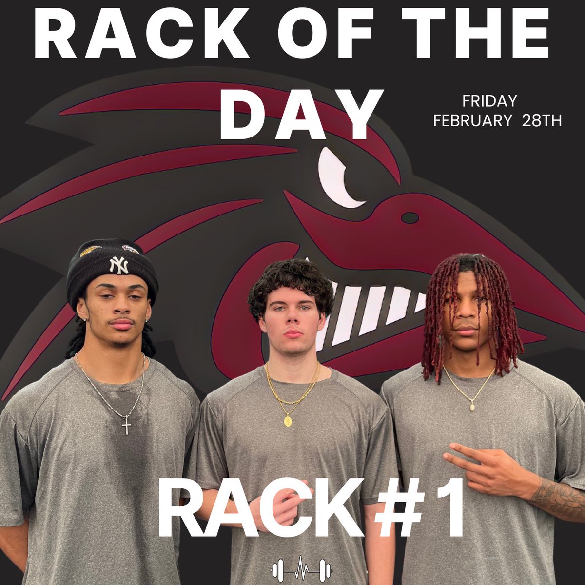 Congratulations to the members of Rack #1. Junior Linebacker Darien Lopez-Sullivan, R.S. Freshman Receiver Dylan Smith, and Sophomore Receiver Tristan Johnson For being recognized as the rack of the day in the weight room.