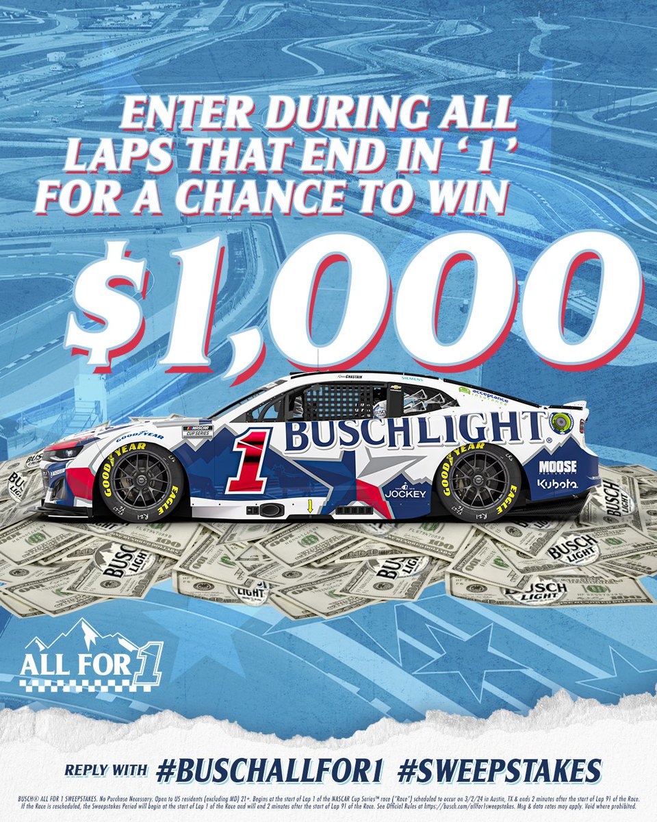 Busch Beer (@buschbeer) on Twitter photo IT’S A LAP THAT ENDS IN A 1 AT <a href="/NASCARatCOTA/">NASCAR at COTA</a>!!
REPLY with #BuschAllFor1 #Sweepstakes to enter for a chance to win $1K #EchoParkGP #NASCARatCOTA IT’S A LAP THAT ENDS IN A 1 AT <a href="/NASCARatCOTA/">NASCAR at COTA</a>!!
REPLY with #BuschAllFor1 #Sweepstakes to enter for a chance to win $1K #EchoParkGP #NASCARatCOTA