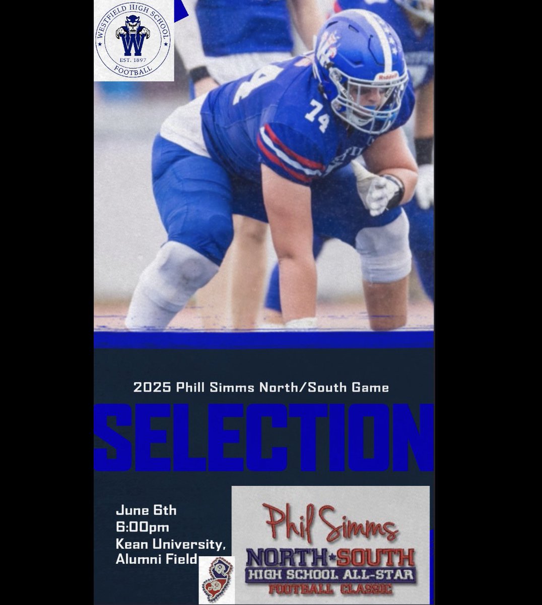 Massive congratulations to <a href="/jackmartin_06/">Jack Martin</a> on being selected to the Phill Simms North/South Game (<a href="/njnsfootball/">New Jersey North South Football Classic</a> .) He will be representing Westfield this summer for Team North 🔨. #BTH #NorthSider