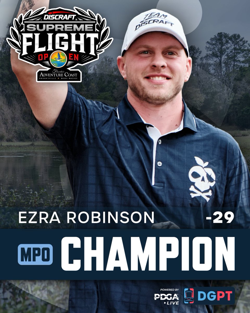 DiscGolfProTour's tweet photo. With his FIRST DGPT win, Ezra Robinson is your 2025 @DiscraftDG Supreme Flight Open presented by Florida's Adventure Coast MPO Champion! 🏆 https://t.co/BFdr5fSepD