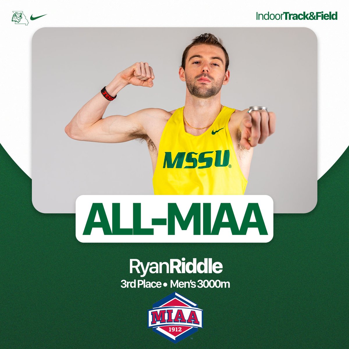 🚨 ALL-MIAA 🚨

Ryan Riddle takes 3rd place in the men's 3000m with an NCAA Qualifying Time of 8:01.45! 🦁