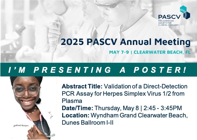We’re thrilled for our resident, Halimat Olaniyan (@halimattakeson) whose work was recently accepted for a poster presentation at the upcoming #PASCV2025 annual meeting!
🦠 🧬 <a href="/KennyGPhD/">Kenneth Gavina, PhD, D(ABMM), SM(ASCP)</a> #virology <a href="/thepascv/">PASCV</a> 
🔗 pascv.org/page/pascv