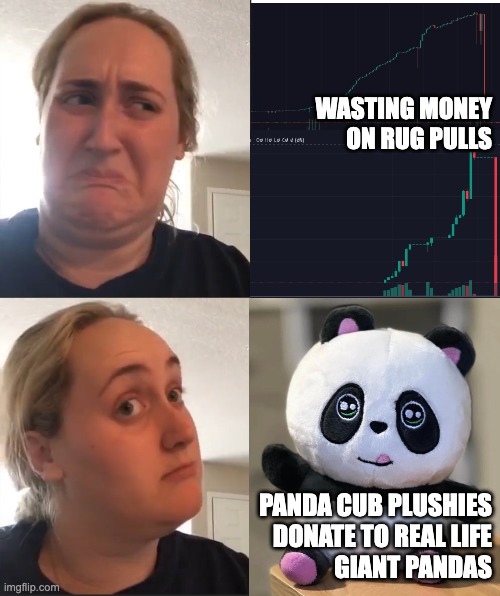 PandaMania_NFT's tweet image. When you realize you could stop wasting money on rugs and start saving real pandas with a Panda Cub Plushie. 🐼💸 

Free U.S. shipping! ➡️ pandamania.io/product/panda-…

#PandaMania #PlushiePower #SaveThePandas
