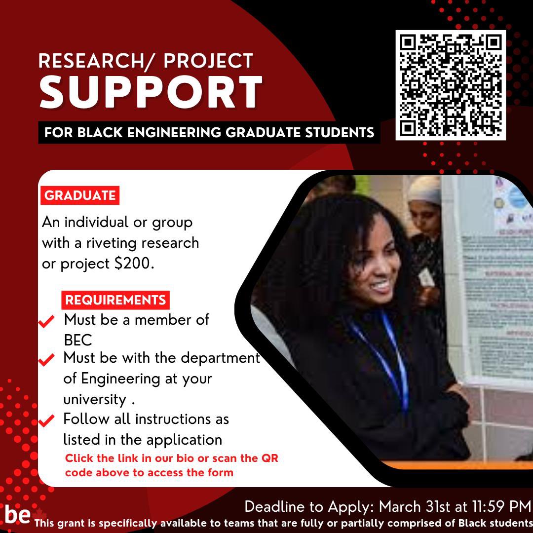 CanadaEngineers's tweet image. Calling Black Engineering Students! 

working on an innovative research project or an exciting capstone? Black Engineers of Canada (BEC) is offering Research/Project Support!

#BlackEngineersofCanada
#EngineeringSupport #STEM #CapstoneProject