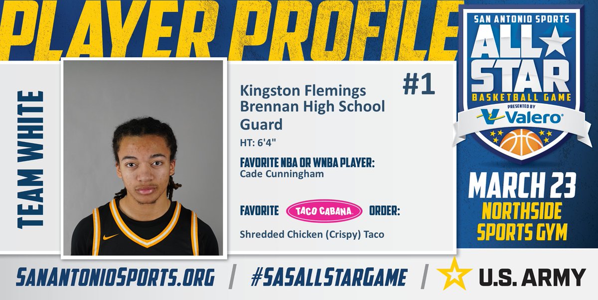 San Antonio Sports (@sa_sports) on Twitter photo Meet <a href="/K1ngFlemings/">Kingston Flemings</a> from <a href="/NISDBrennan/">Brennan High School</a> who will compete in the San Antonio Sports All-Star Basketball game pres. by <a href="/ValeroEnergy/">Valero</a> at the Northside Sports Gym on March 23rd! #SASAllStarGame #BeAllYouCanBe <a href="/TacoCabana/">Taco Cabana</a> <a href="/ArmySanAntonio/">GoArmy San Antonio</a>
<a href="/Brennan_BBall/">Brennan Boys Basketball</a>
<a href="/CoachKoty/">Koty Cowgill</a> Meet <a href="/K1ngFlemings/">Kingston Flemings</a> from <a href="/NISDBrennan/">Brennan High School</a> who will compete in the San Antonio Sports All-Star Basketball game pres. by <a href="/ValeroEnergy/">Valero</a> at the Northside Sports Gym on March 23rd! #SASAllStarGame #BeAllYouCanBe <a href="/TacoCabana/">Taco Cabana</a> <a href="/ArmySanAntonio/">GoArmy San Antonio</a>
<a href="/Brennan_BBall/">Brennan Boys Basketball</a>
<a href="/CoachKoty/">Koty Cowgill</a>