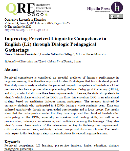 A recent study highlights that Dialogic Pedagogical Gatherings (DPGs) contribute to improving speaking, reading, and listening comprehension among pre-service teachers, while also increasing their confidence in language use. hipatiapress.com/hpjournals/ind…