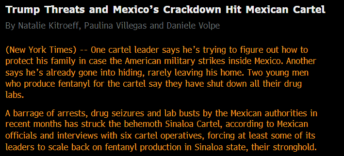 TheStalwart's tweet image. The NYT reports that due to pressure from the Trump administration, the Mexican drug cartels haven&apos;t felt this much stress in years, with leaders going into hiding and shutting down fentanyl labs