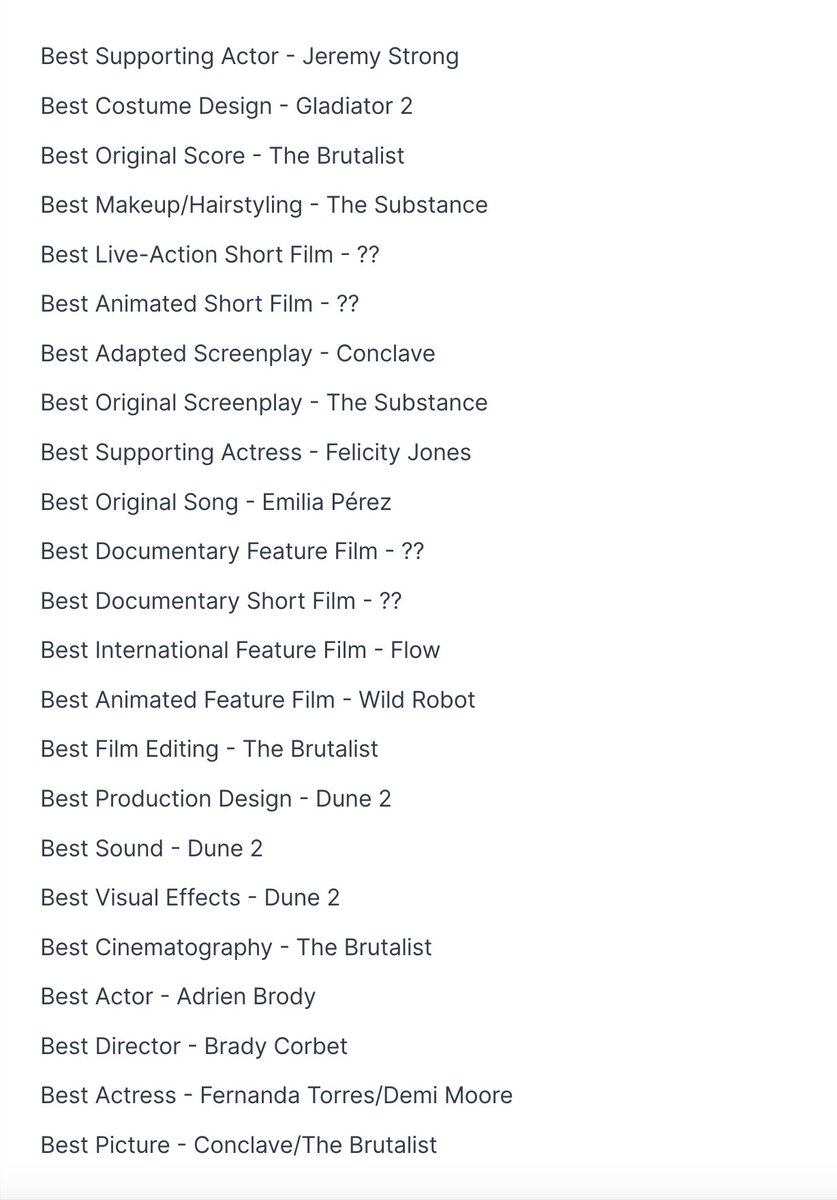 Mes humbles pronos, on verra bien mais c'est une belle année #Oscars2025
