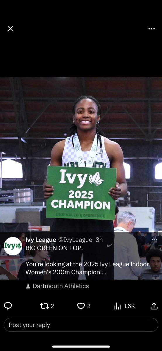JackieJ32788105's tweet photo. An exciting Day 2 for Jada in the Indoor Ivy League Championship. She placed 1st in the 200-with a new school record and a new Facility Record-which was previously held by Olympic Champion, Gabby Thomas! She also placed 2nd in the 400 &amp; 5th in the Distance Medley Relay. https://t.co/ORtVnbDQrO