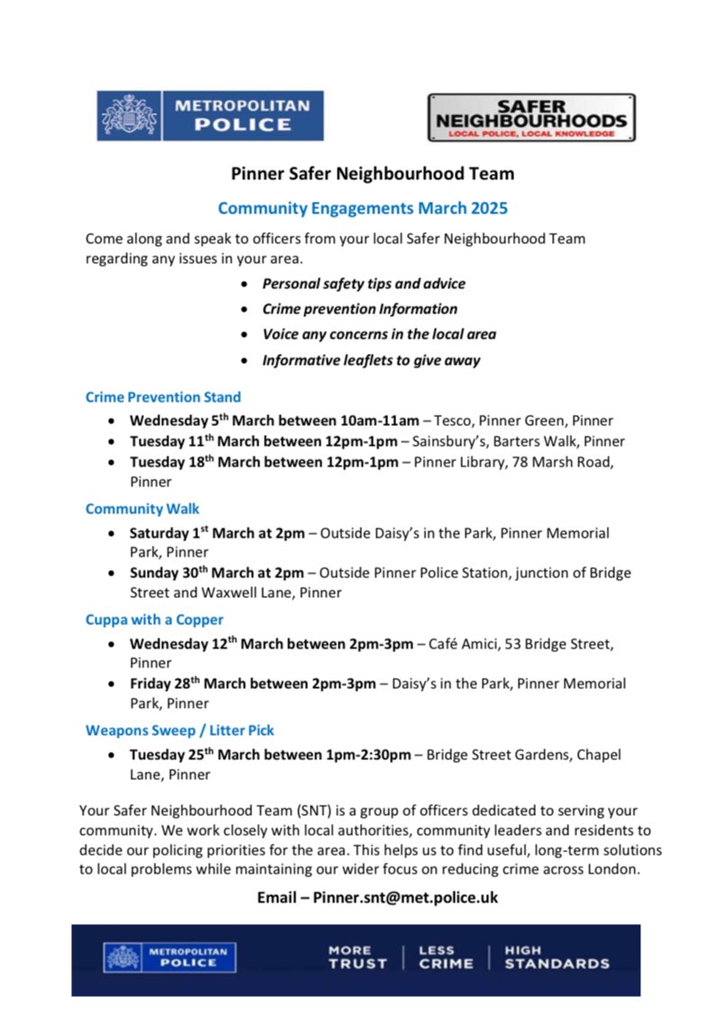 MPSPinnerSouth's tweet image. On Saturday, the first day of #MeteorologicalSpring, it was @PinnerAssociat’s chairwoman who attended our ‘Walk, Talk &amp;amp; Do’ meeting in #Pinner Memorial Park.

And this month we have several more opportunities for you to come and speak to us about local matters.

#MyLocalMet