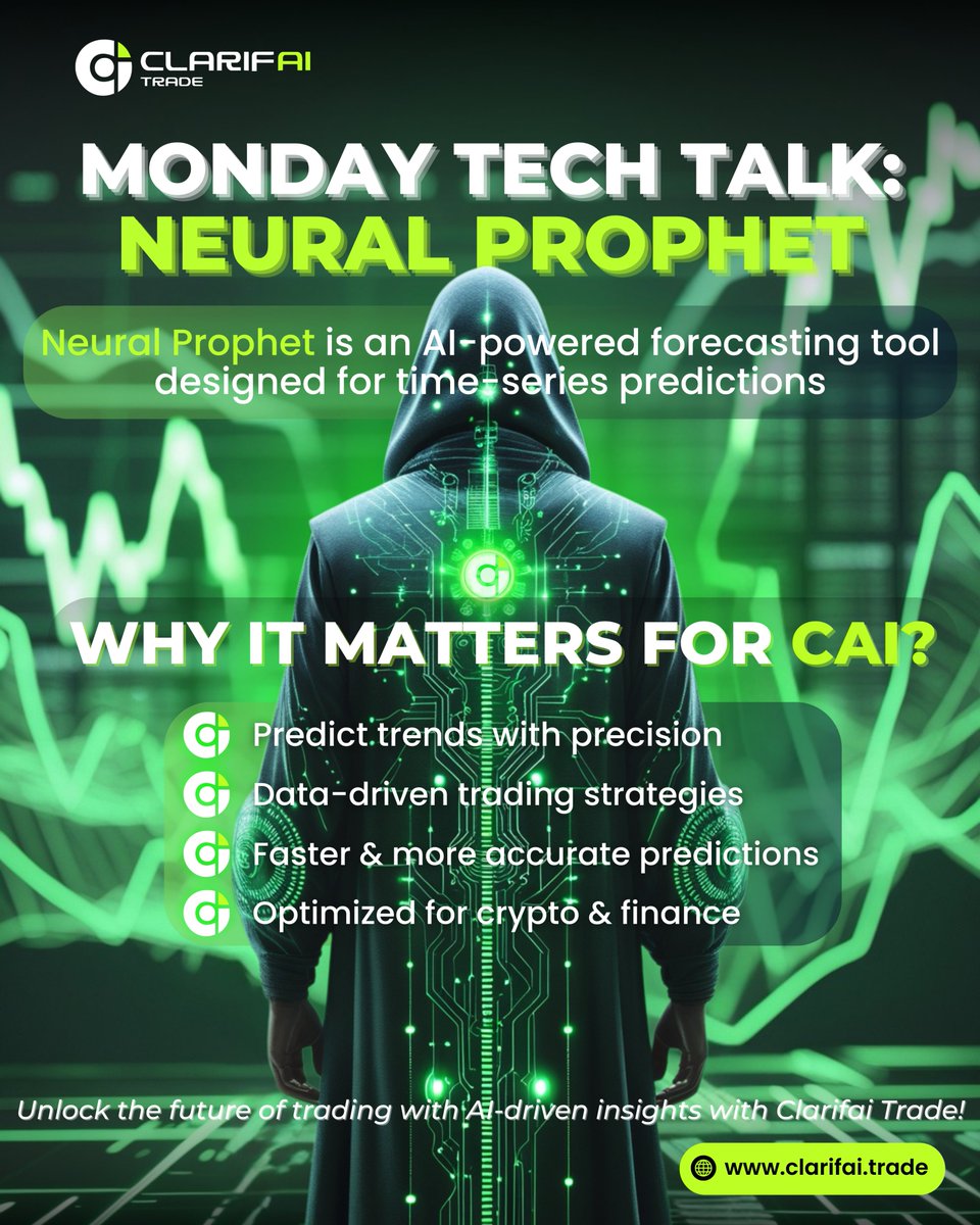 ClarifAI_Trade's tweet photo. 🔮 Monday Tech Talk: Neural Prophet 🔮
AI-powered precision meets trading excellence! Neural Prophet helps you predict trends, optimize strategies, and trade with precision.
#ClarifAITrade #CAI #AIMM #NeuralProphet #GM #Crypto #AITrading #AI #CryptoTrading #btc #eth #doge #xrp https://t.co/BrUAZKGjM0