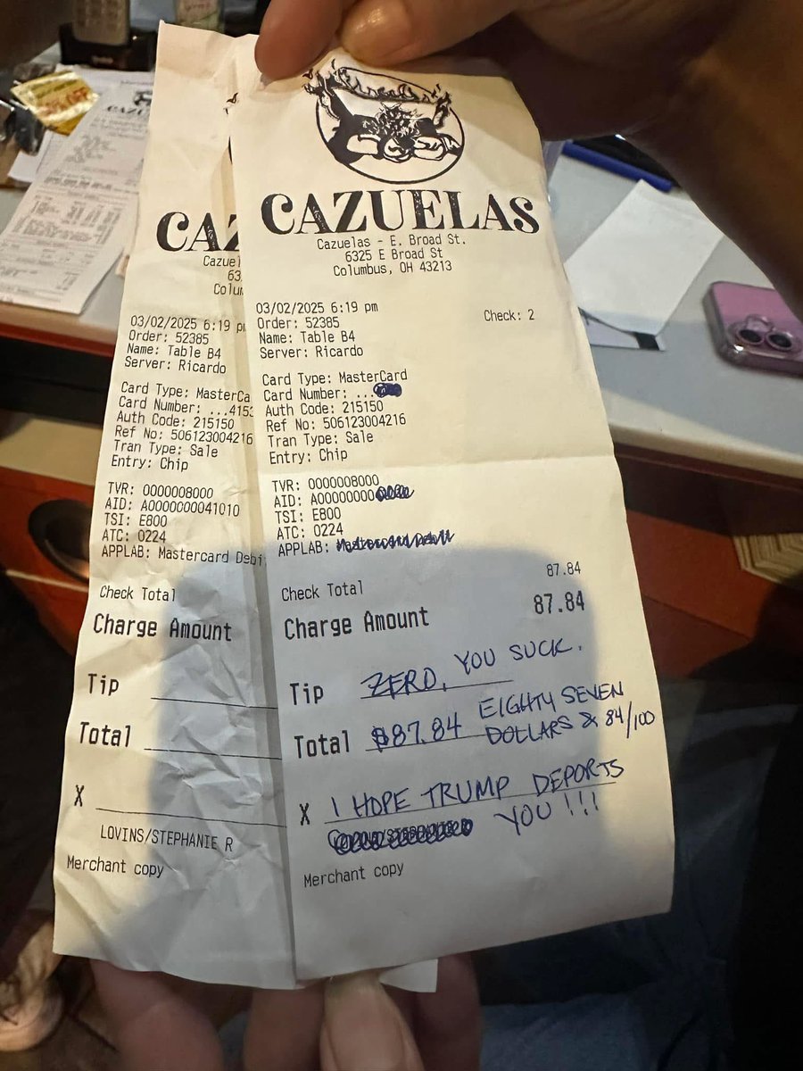 potusmode's tweet photo. A realtor, Stephanie Lovins from Columbus Ohio wrote this completely disgusting a racist note as her tip at a local Mexican restaurant. https://t.co/pB7BoleL1C