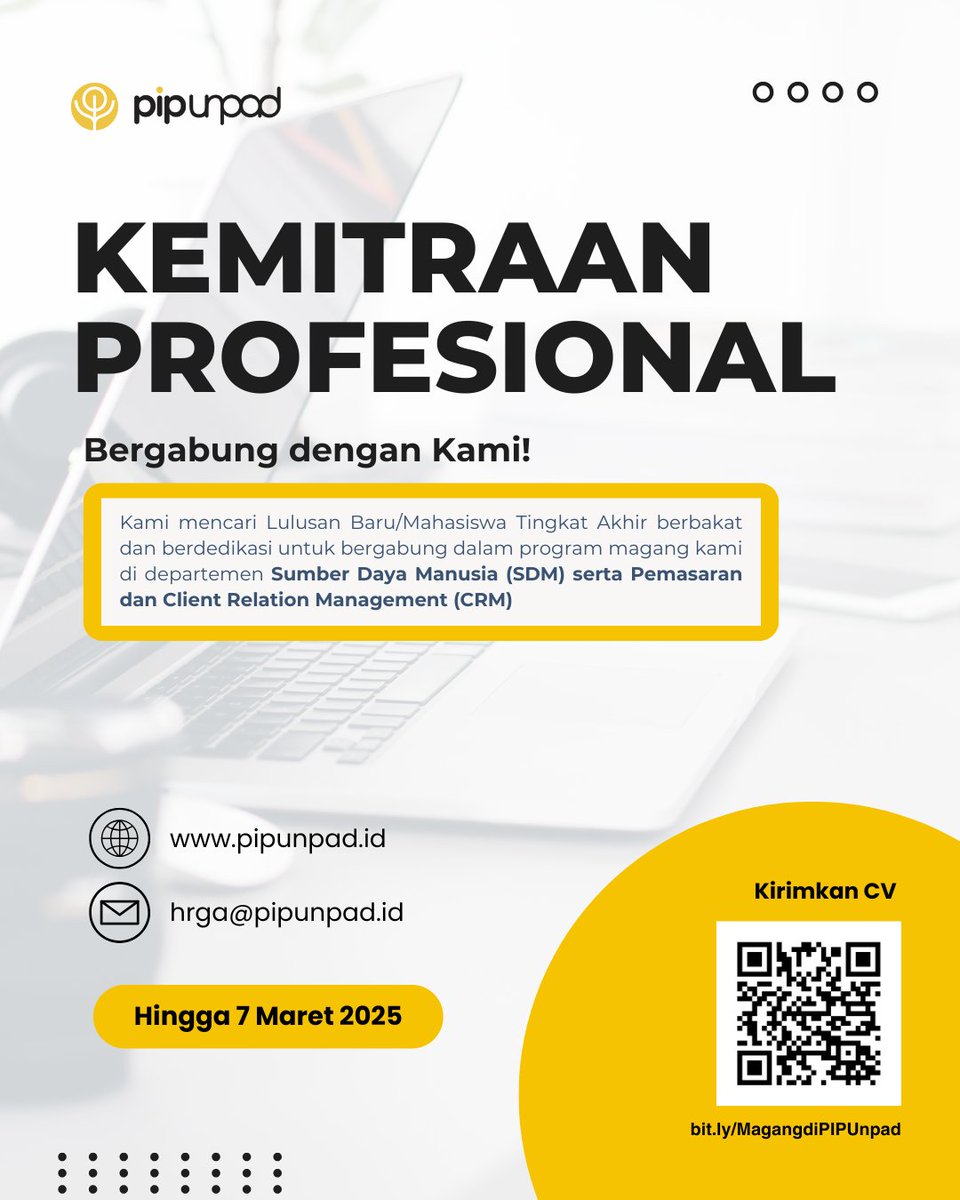 PIPUnpad's tweet photo. [Program Magang di PIP Unpad] 🚀

Kami membuka kesempatan magang pada Program Magang Departemen SDM serta Pemasaran dan CRM!

Jadilah bagian dari tim kami dan kembangkan keterampilanmu bersama PIP Unpad!

#PIPUnpad #Internship #MagangPsikologi #LowonganMagang https://t.co/BHKKUWo6Yx