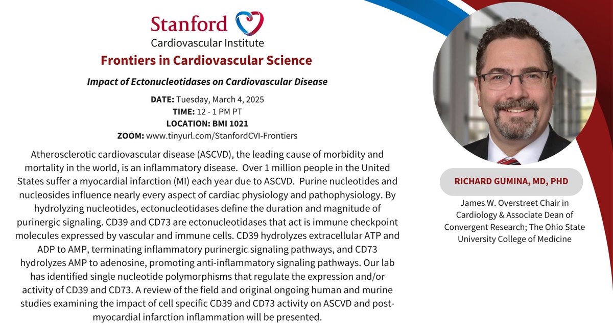 Joseph C Wu, MD, PhD (@joseph_c_wu) on Twitter photo Please join <a href="/StanfordCVI/">Stanford CVI</a> seminar Tue 3/4 @ 12pm PST by Dr. Richard Gumina <a href="/OhioStateMed/">The Ohio State University College of Medicine</a> <a href="/OhioStateDHLRI/">OhioStateDHLRI</a> on #ectonucleotidases #inflammation #cardiovasculardiseases
stanford.zoom.us/webinar/registā¦
<a href="/Stanford_ChEMH/">Sarafan ChEM-H</a> <a href="/SeanM_Wu/">Sean M Wu, MD PhD</a> <a href="/BCVSearlyCareer/">Basic Cardiovascular Sciences (BCVS) Early Career</a> <a href="/ATVBEarlyCareer/">ATVB Early Career Committee</a> <a href="/vascularbiology/">NAVBO</a> <a href="/Gumina_Lab/">Gumina Lab</a> Please join <a href="/StanfordCVI/">Stanford CVI</a> seminar Tue 3/4 @ 12pm PST by Dr. Richard Gumina <a href="/OhioStateMed/">The Ohio State University College of Medicine</a> <a href="/OhioStateDHLRI/">OhioStateDHLRI</a> on #ectonucleotidases #inflammation #cardiovasculardiseases
stanford.zoom.us/webinar/registā¦
<a href="/Stanford_ChEMH/">Sarafan ChEM-H</a> <a href="/SeanM_Wu/">Sean M Wu, MD PhD</a> <a href="/BCVSearlyCareer/">Basic Cardiovascular Sciences (BCVS) Early Career</a> <a href="/ATVBEarlyCareer/">ATVB Early Career Committee</a> <a href="/vascularbiology/">NAVBO</a> <a href="/Gumina_Lab/">Gumina Lab</a>