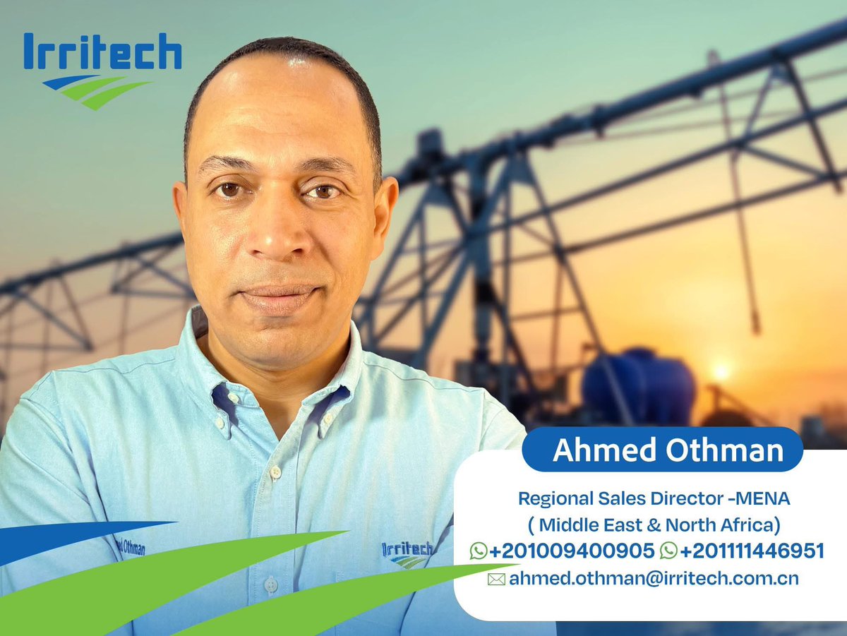 Daniel Xi (@danielxi398833) on Twitter photo We’re thrilled to welcome Ahmed Othman as our new Regional Sales Director- MENA at IRRITECH!
Please join us in welcoming Ahmed to the team! Feel free to connect and reach out.
📞+201111446951
📞+201009400905
📧 ahmed.othman@irritech.com.cn We’re thrilled to welcome Ahmed Othman as our new Regional Sales Director- MENA at IRRITECH!
Please join us in welcoming Ahmed to the team! Feel free to connect and reach out.
📞+201111446951
📞+201009400905
📧 ahmed.othman@irritech.com.cn