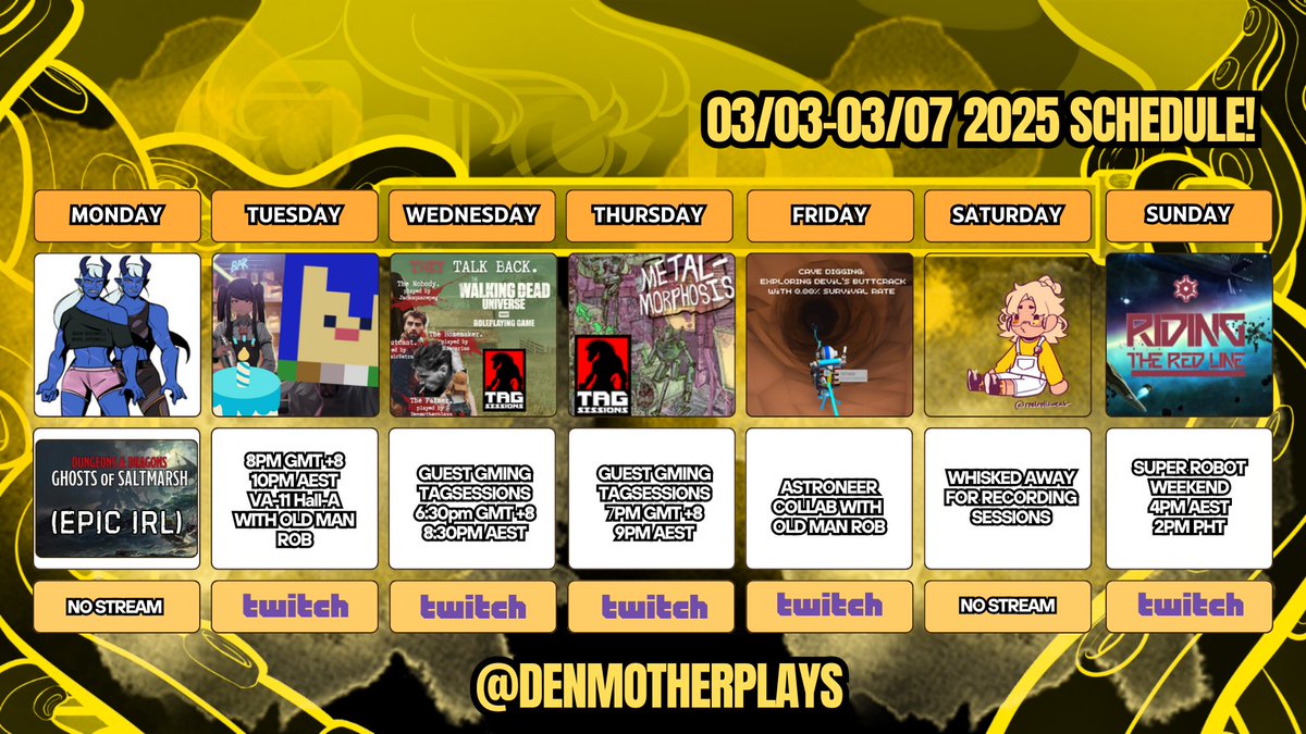 Saltmarsh gang is fighting 2 onis tonight so no stream, And kidnapping Old man <a href="/blueskyrobyn/">blueskyrobyn</a> for some VA-11 Hall-A and him getting old. Also 2 games run by <a href="/AllTobieNoShade/">Tobie Abad #MayISurviveUntil2028</a>, and Lancer goodness for Sunday! (Maybe some cave digging in Astroneer on Friday...)