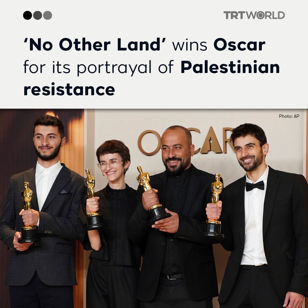 Palestinian activist Basel Adra and Israeli journalist Yuval Abraham’s documentary No Other Land, which focuses on Israel’s demolitions in the occupied West Bank and Palestinian rights, wins the Oscar
🔗 trt.world/vjjb