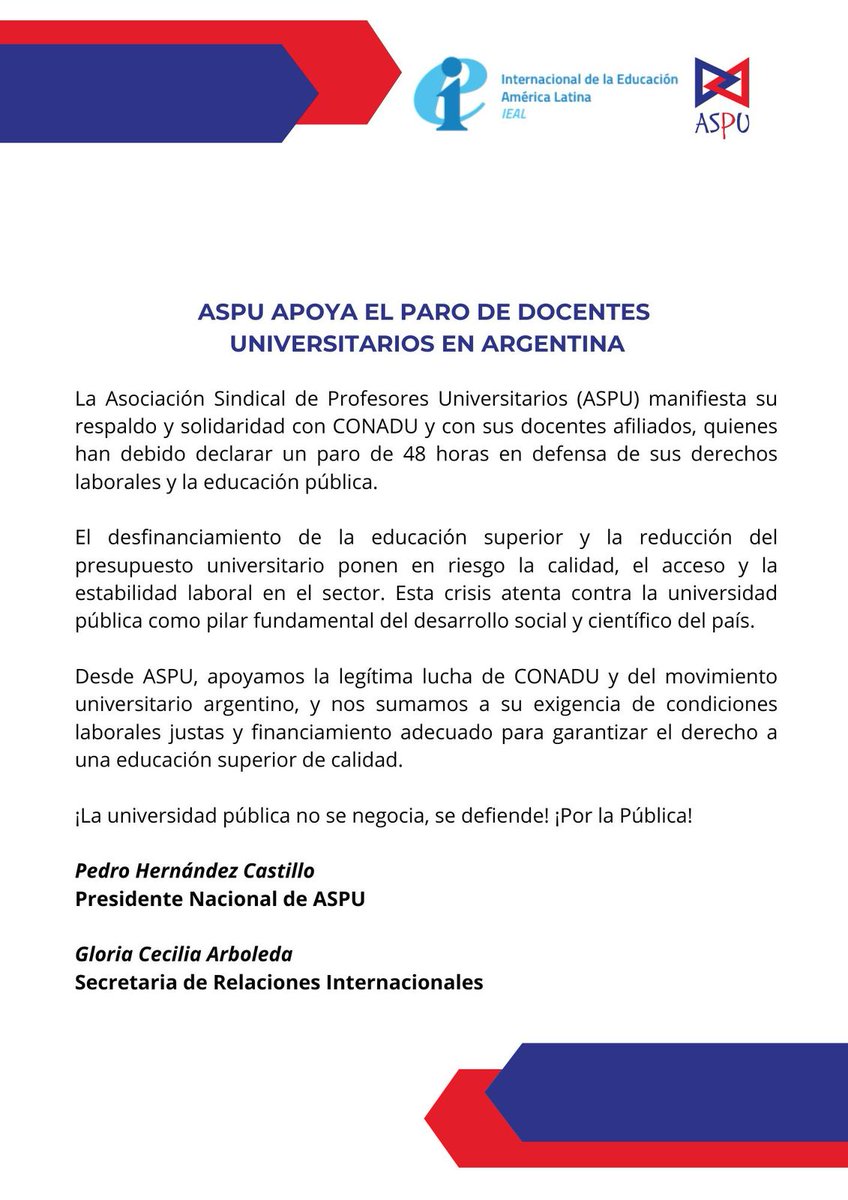 ASPU Colombia (@aspu_colombia) on Twitter photo Nos solidarizamos con las y los docentes afiliados a CONADU quienes han debido declarar un paro de 48 horas en defensa de sus derechos laborales y la educación pública 🔵🔴
<a href="/eduint/">Education International</a> Nos solidarizamos con las y los docentes afiliados a CONADU quienes han debido declarar un paro de 48 horas en defensa de sus derechos laborales y la educación pública 🔵🔴
<a href="/eduint/">Education International</a>