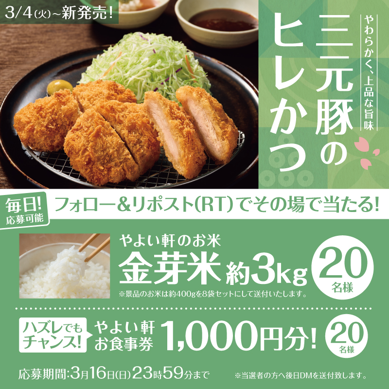 【本日6日目】
毎日応募可能！その場で当たる🎯
🐷三元豚のヒレかつ定食

発売を記念し画像の景品を抽選で20名様に🎁💫
Wチャンスもあり!

応募方法
① #やよい軒 (<a href="/yayoiken_com/">やよい軒【公式】</a>)をフォロー
②この投稿をリポスト
③その場で当選者にDMが届く

3/16(日) 迄
#今日によいもの
※景品は選べません。