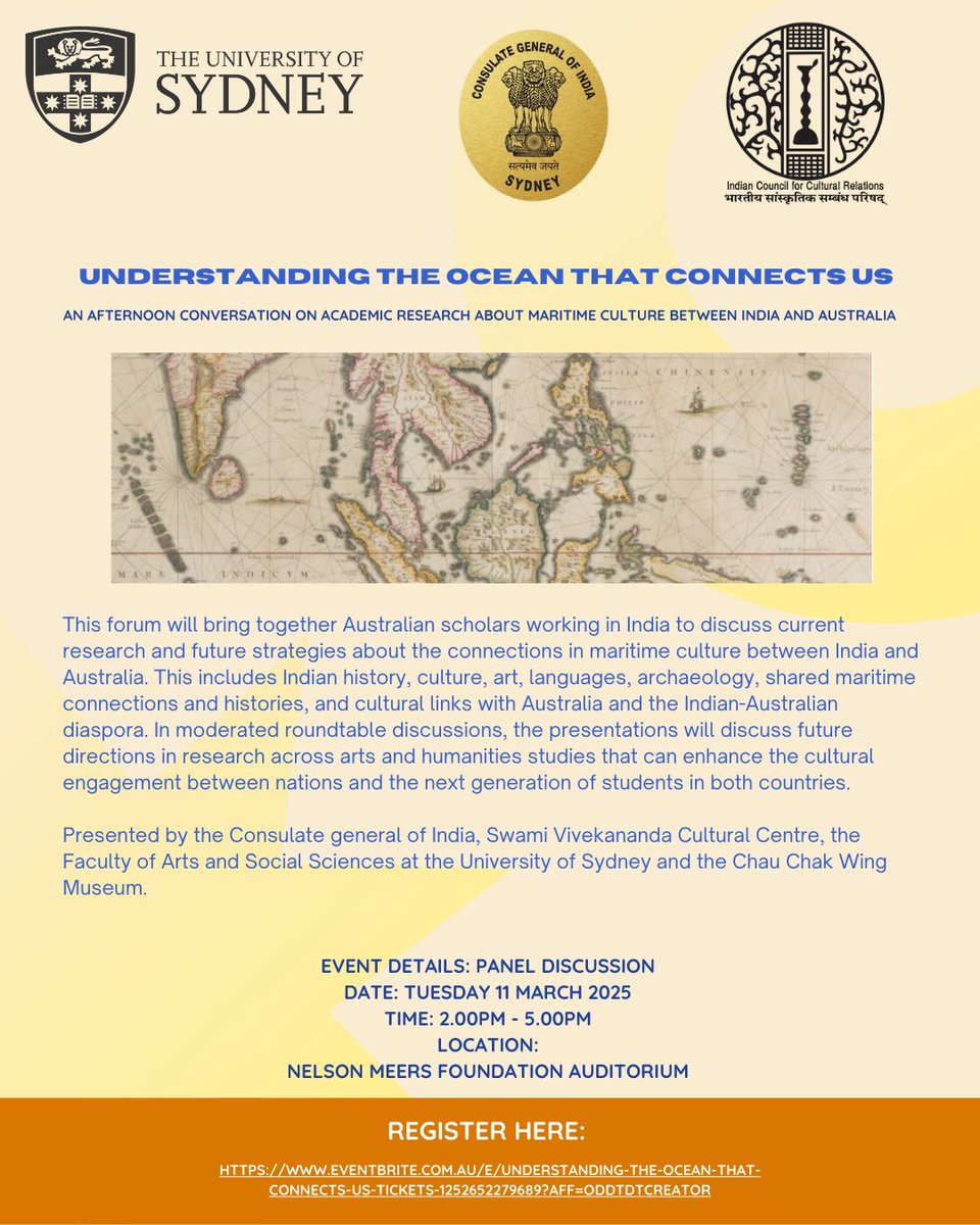 ICCR_Australia's tweet image. 📷Understanding the Ocean That Connects Us ,Join us for an insightful panel discussion on maritime culture between India and Australia, featuring expert scholars exploring history, archaeology, and cultural connections.
 Tuesday, 11 March 2025 📷 2:00 PM - 5:00 PM
@HCICanberra