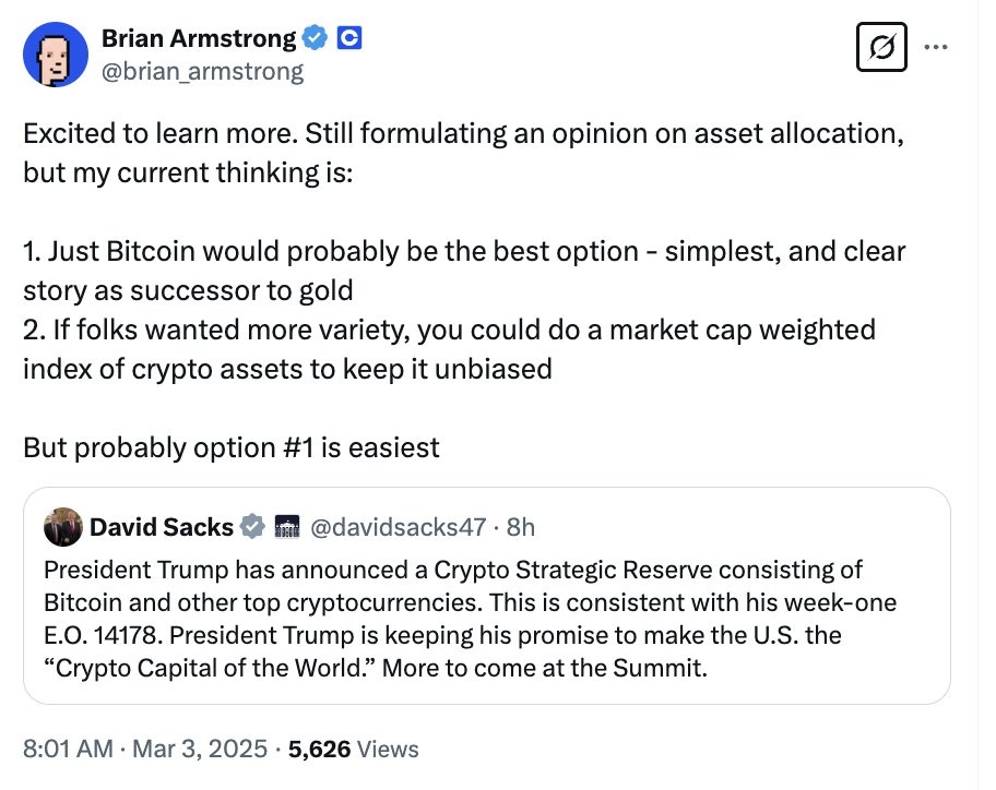 #Coinbase CEO: Investing only in #Bitcoin may be the best option for a cryptocurrency reserve plan