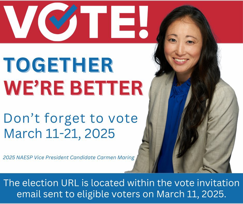 Becky Biedermann (@mpsbiedermann) on Twitter photo To all my #MEMSPA & #NAESP Principals & Leaders:
Be ready to vote & elect <a href="/Dr_Maring/">Carmen Maring</a> for NAESP Vice President 2025-26 this coming March. Take a look at her video here: youtu.be/yQgeDGgnpg8
Spread the great word on this amazing leader and get ready to cast your vote! To all my #MEMSPA & #NAESP Principals & Leaders:
Be ready to vote & elect <a href="/Dr_Maring/">Carmen Maring</a> for NAESP Vice President 2025-26 this coming March. Take a look at her video here: youtu.be/yQgeDGgnpg8
Spread the great word on this amazing leader and get ready to cast your vote!