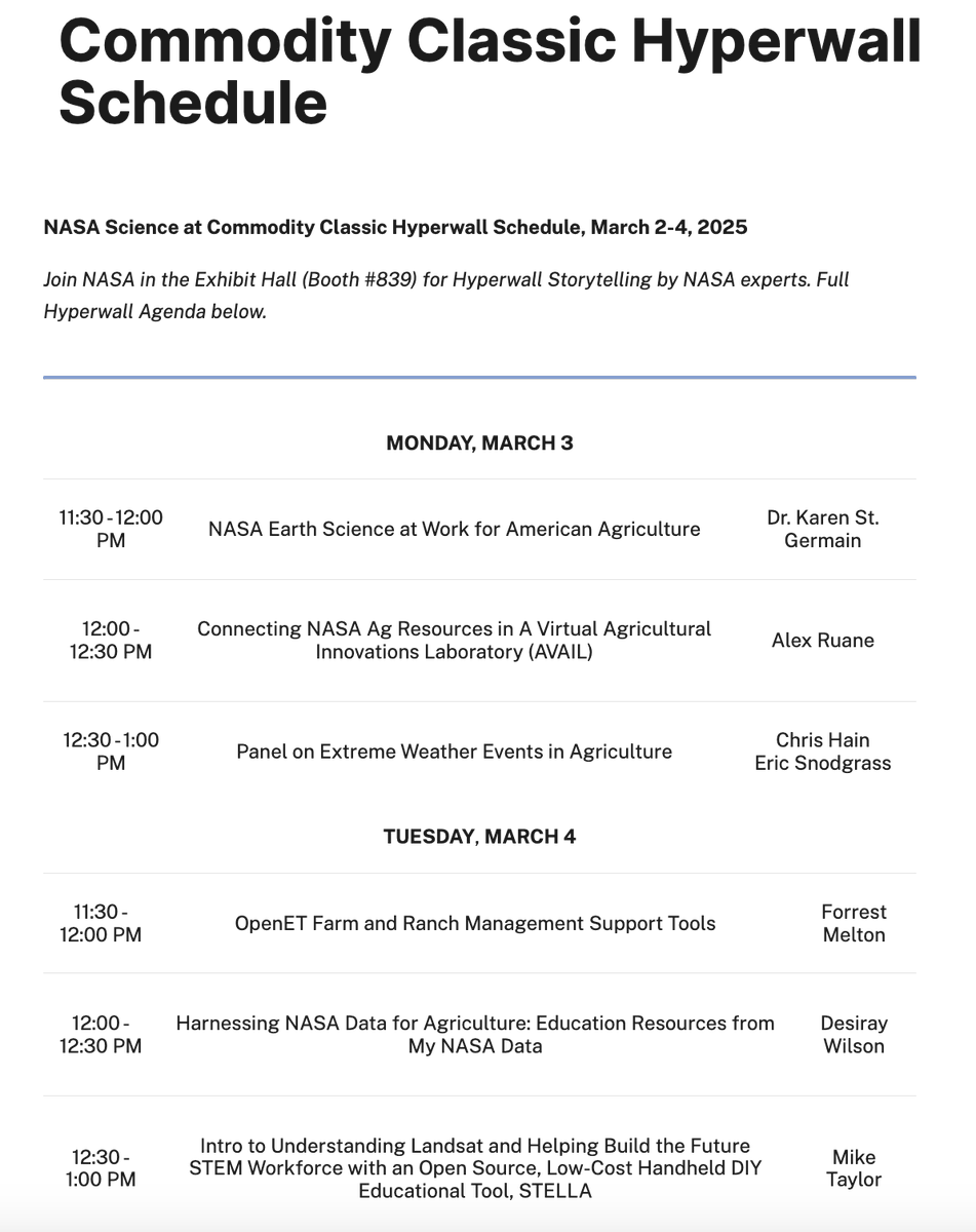 NASA Acres (@acresprogram) on Twitter photo We’ve just arrived in Denver, Colorado for <a href="/ComClassic/">Commodity Classic</a>, the largest farmer-led convention in America! 🌍✨ Join us at booth #839 with NASA to explore how satellite data is transforming agriculture. 🛰️ #CC25
See our full schedule of events here: science.nasa.gov/science-resear… We’ve just arrived in Denver, Colorado for <a href="/ComClassic/">Commodity Classic</a>, the largest farmer-led convention in America! 🌍✨ Join us at booth #839 with NASA to explore how satellite data is transforming agriculture. 🛰️ #CC25
See our full schedule of events here: science.nasa.gov/science-resear…