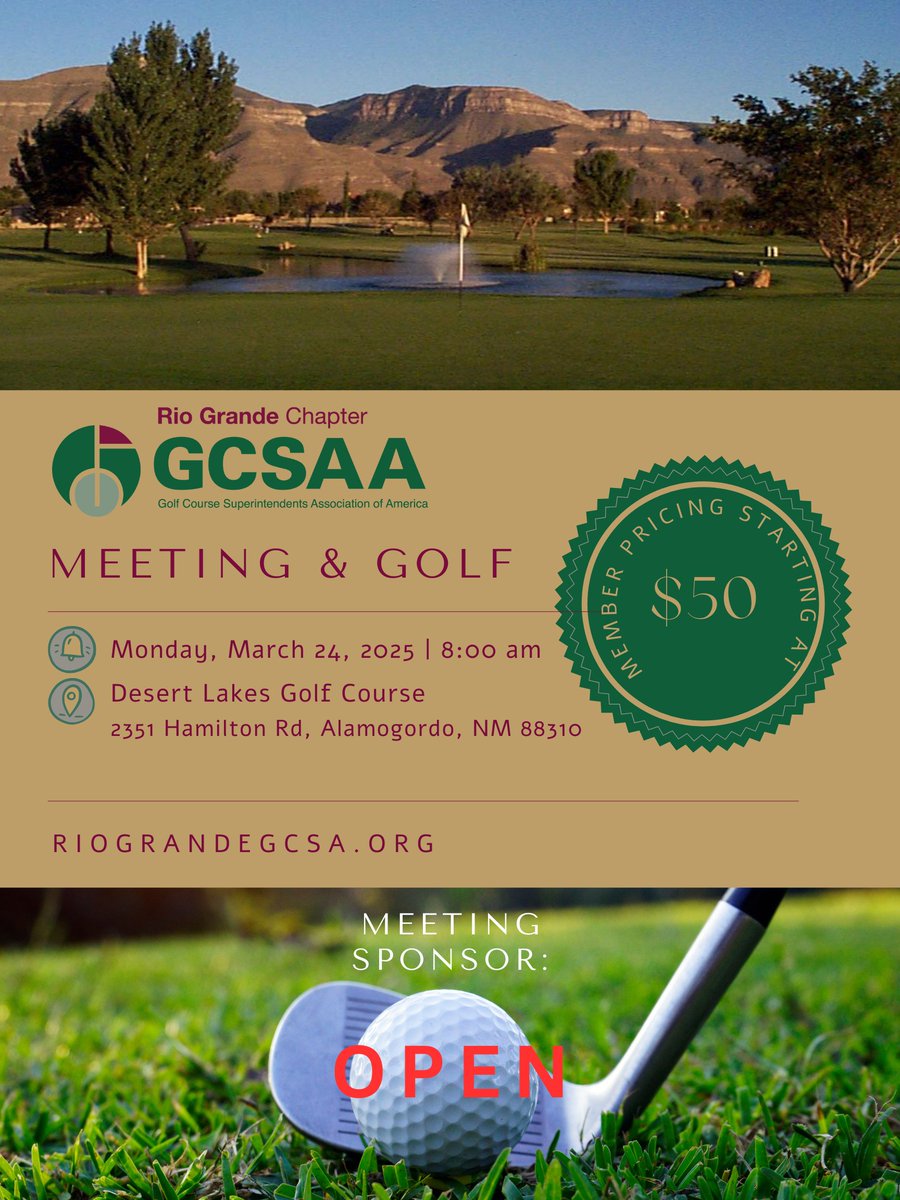 Superintendents! Want to upgrade your irrigation system without costly mistakes? 💰 Learn from Loren Dunlap and earn GCSAA CEUs! ✅ 

📅March 24th| 📍Desert Lakes Golf Course-  2351 Hamilton Rd, Alamogordo, NM 88310
🔗 riograndegcsa.org/event-6026448
#TurfManagement #GCSAA