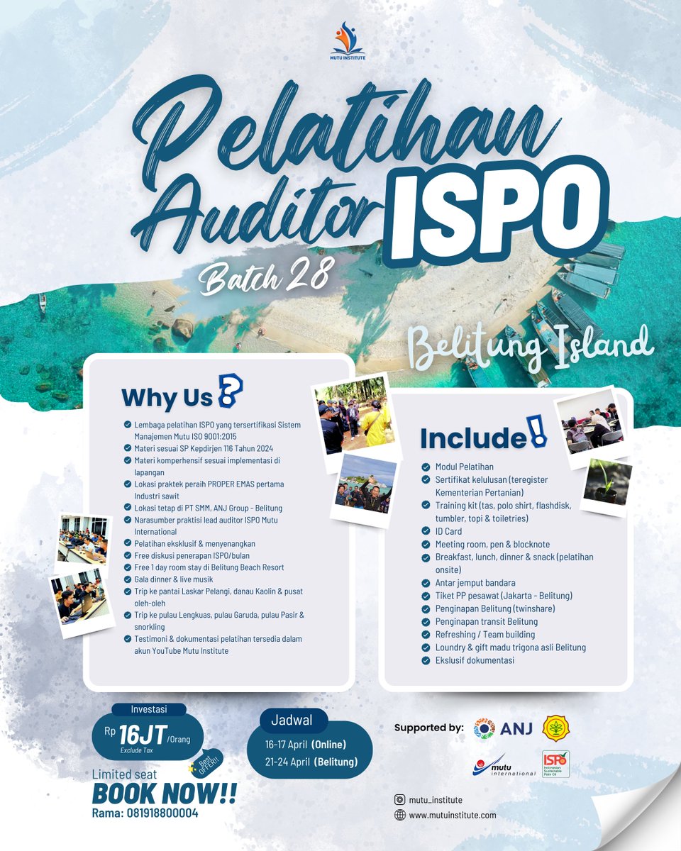 Tingkatkan kompetensi Anda dalam audit keberlanjutan kelapa sawit. Dapatkan pengetahuan mendalam dan sertifikasi yang diakui.

Daftar sekarang dan jadilah bagian dari perubahan positif dalam industri kelapa sawit Indonesia!🌱🇮🇩

#ISPO #kelapasawit #mutuinstitute #auditorispo