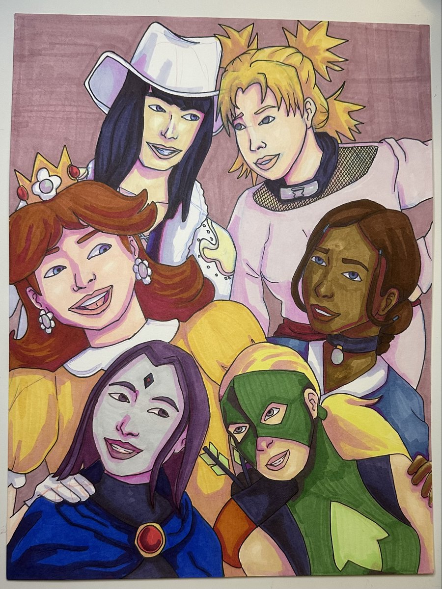 ArtyRaeArt's tweet photo. I made this for a recent video and it was a blast to draw all my faves 🥰 #fanart #nicorobin #temari #princessdaisy #katara #raven #artemis #onepiece #dc #naruto #atla #marioparty https://t.co/hUmDD0OdK6