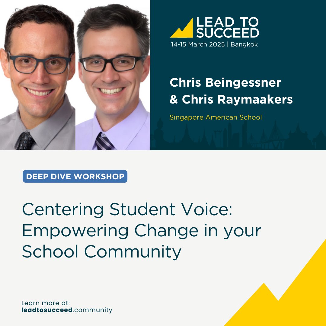 21cli's tweet photo. Hear from Chris Beingessner @teachingchrisb & Chris Raymaakers at #LeadToSucceedSummit 2025 "Centering Student Voice: Empowering Change in your School Community" at https://t.co/F5zVleuW45 #L2SS25 #21CL #Leaders #AspiringLeaders #InternationalSchool #Education #StudentVoice #InclusiveEducation